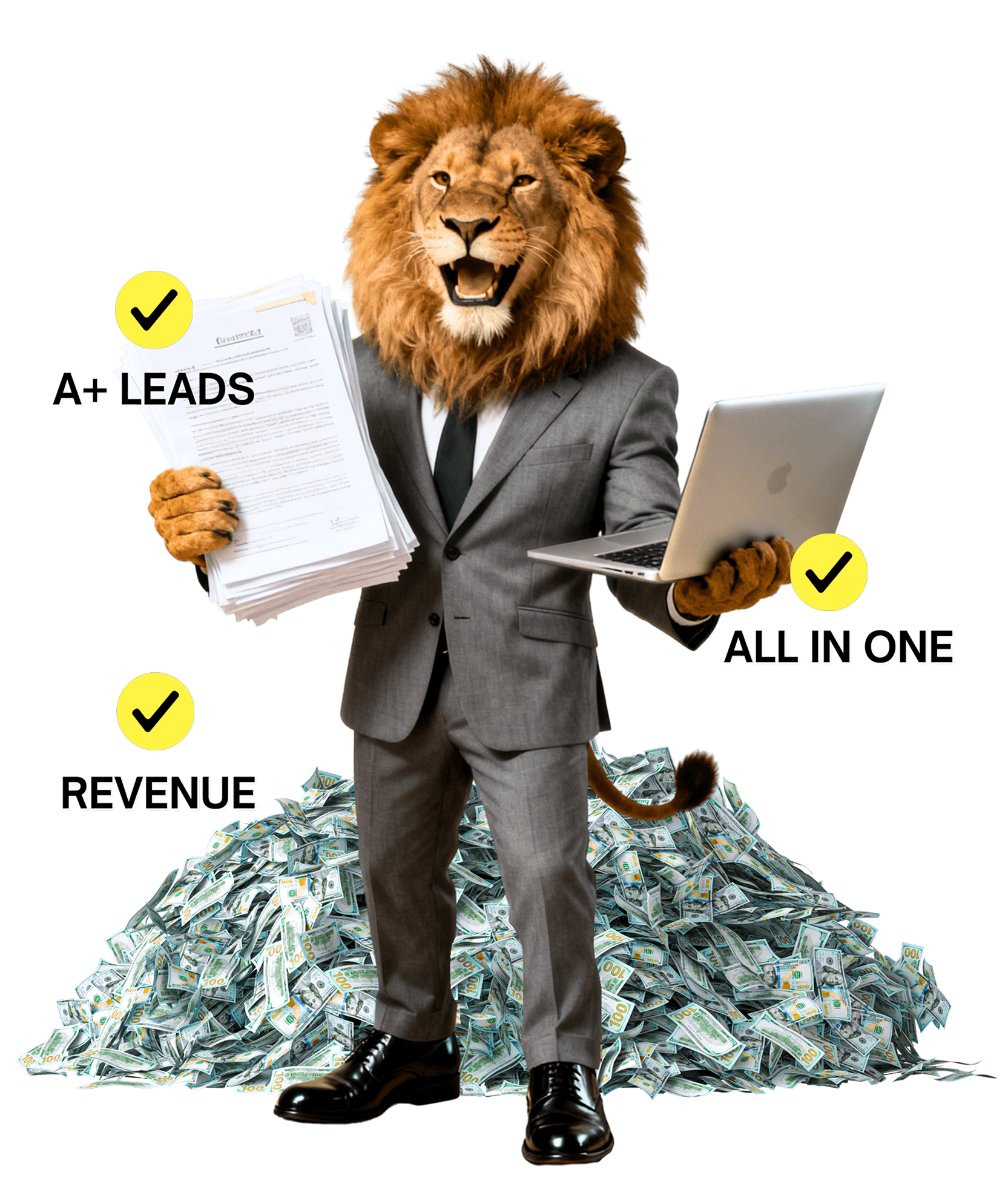 Lion-headed figure carrying a pile of work items representing business overload